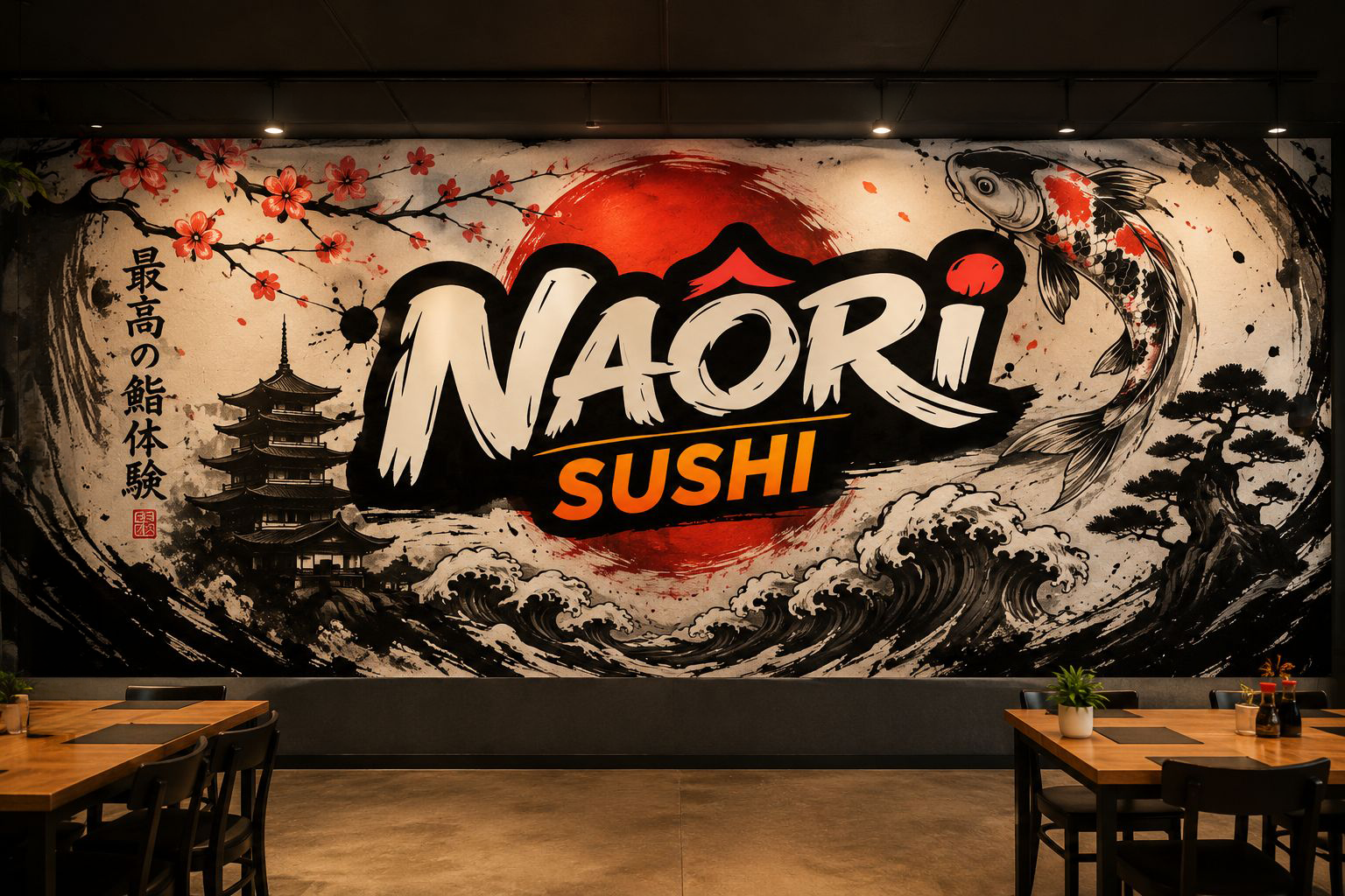 Grafismo institucional da Naôri Sushi aplicado em mural de parede: carpa, sakura, onda, pagode e texto em japonês em torno do logotipo.
